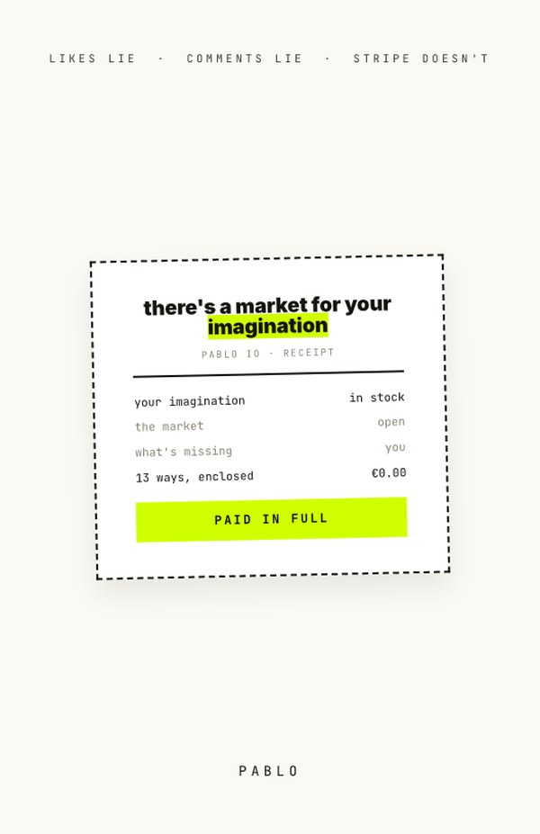 The Market for Your Imagination, the chosen cover: a receipt, paid in full